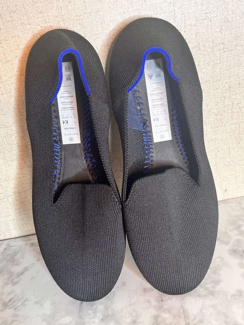 Rothy's Black Knit Slip-On Flats with Blue Trim Girl Size 4